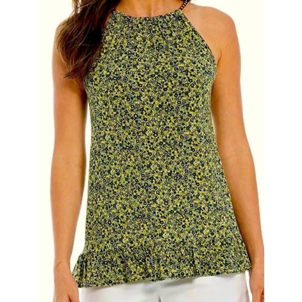 Michael Kors Yellow and Blue Floral Gold Chain Halter Swing Top S NWOT